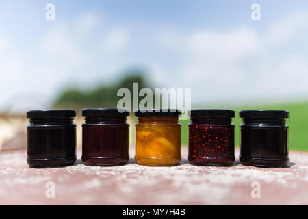 Marmelade Gläser jeweils eine andere Art von hausgemachte Konfitüre Stockfoto