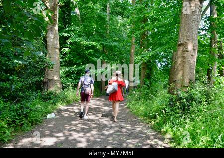 Ein paar in Hüte gehen durch einen Wald in der Londoner Alexandra Palace DE Stockfoto