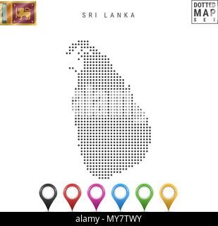Vektor gepunktete Karte von Sri Lanka. Einfache Silhouette von Sri Lanka. Nationalflagge von Sri Lanka. Mehrfarbige Karte Marker einstellen Stock Vektor