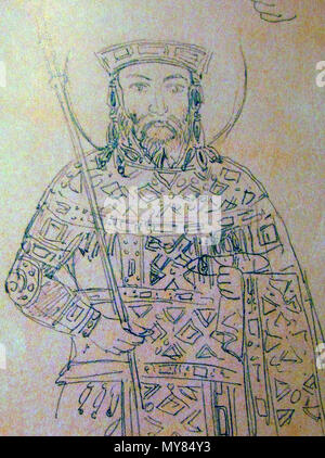 . Englisch: Johannes V. Palaiologos, Holding akakia, Ca. 1354/1355. Fossati Zeichnung des Mosaiks, Nordseite des großen östlichen Bogen in der Hagia Sophia in Konstantinopel. 1847. Gaspare Fossati (1809-1883) und Giuseppe Fossati (1822-1891) 280 Johannes V. Palaiologos, Fossati Zeichnung von Mosaik in der Hagia Sophia Stockfoto