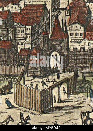 . Englisch: Roter Turm, 7/8 von: Vogelperspektive von Wien aus in Richtung Norden. 2., unveränderte Auflage von 1640, auf der ersten Ausgabe von 1609. Titel: WIEN AVSTRIAE Wienn in Oesterreich. English: Roter Turm, Ausschnitt aus: Vogelschau in Wien von Norden. Die Zweite, unveränderte Ausgabe von 1640, basierend auf der ersten Ausgabe von 1609. Titel: WIEN AVSTRIAE Wienn in Oesterreich. . 1609 / 1640. Jacob Hoefnagel (1609)/Claes Jansz Visscher (1640) 4 1609 - Wien - Col - Roter Turm alleine Stockfoto
