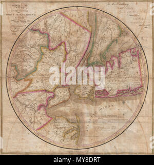 . Karte des Landes 30 Meilen rund um die Stadt New York. Englisch: Wie der Eddy Karte, das ist eine extrem seltene und wichtige Rundschreiben Karte von New York City und Umgebung, datiert 1823 bekannt. Deckt die New York City Bereich in etwa dreißig Meilen von Manhattan, Ausweitung der Norden nach Tarrytown, südlich von Monmouth, West Somerset, und von Ost nach Suffolk County. Isaac schürt, in seinem 1928 Klassiker auf die Ikonographie von Manhattan, ruft diese Karte die vollständige, genaue und schöne Early gravierte Karten mit New York und Umgebung. Es wird auch festgehalten, dass Thomas Jefferson Co gehalten Stockfoto
