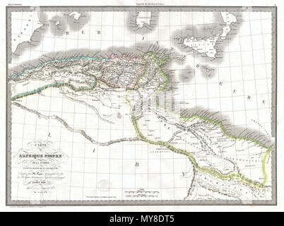 . Carte de L'Afrique de la Numidie Propre et d'une Partie de Mauritanie. Englisch: Eine ungewöhnliche und attraktive 1829 Karte der alten Imperien von Mauretanien, Karthago, und Numidia. Stellt dar, was heute als die Barbary Coast bekannt um 200 v. Chr.. Diese Karte zeigt eine entscheidende Wende zu Beginn des Zweiten Punischen Krieges. Der karthagische Reich dominiert viel von der Region, bis Numidia, das Königreich in den Westen von Karthago, selbst im Bündnis mit Rom im Jahr 206 v. Chr. die römische Eroberung der Region in 201 BC. Weist die typischen Details und wissenschaftliche Präzision der Lapie Karten. Notizen verschiedene Trad Stockfoto