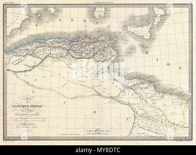 . Carte de L'Afrique de la Numidie Propre et d'une Partie de Mauritanie. Englisch: Eine ungewöhnliche und attraktive 1843 Karte der alten Imperien von Mauretanien, Karthago, und Numidia kurz nach dem Ende des Zweiten Punischen Krieges. Stellt dar, was heute als die Barbary Coast bekannt um 190 v. Chr.. Das Empire von Karthago wurde annektiert worden als römische Provinz namens "Afrika Propria". Numida, westlich von Karthago behält eine halb-unabhängigen Status, weil sie mit Rom im Jahr 206 v. Chr. verbündete. Noch weiter westlich, das Königreich Mauretanien wurde als der römischen Provinz Mauretania Casariensis etabliert. Ex Stockfoto