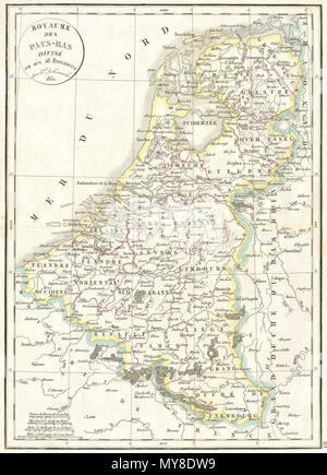 . Royaume des Pays-bas divise en ses 18 Provinzen. Englisch: Diese Hand farbigen Karte ist eine Kupferplatte Gravur, dating bis 1832 von dem bekannten französischen mapmaker Delamarche. Es ist eine Darstellung von Holland und Belgien. . 1832 5 1832 Delamarche Karte von Holland und Belgien - Geographicus - HollandBelgium-d-32 Stockfoto