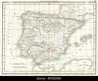 . Des Delamarche Karte von Spanien und Portugal im Rahmen des Römischen Reiches. Englisch: Diese Hand farbigen Karte ist eine Kupferplatte Gravur, dating bis 1832 von dem bekannten französischen mapmaker Delamarche. Es ist eine Darstellung von Spanien und Portugal im Rahmen des Römischen Reiches. . 1832 5 1832 Delamarche Karte von Spanien und Portugal unter dem Römischen Reich - Geographicus - Spanien 2 - d-32 Stockfoto