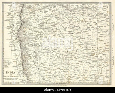 . Indien III. Englisch: Diese Karte ist eine Stahlplatte Gravur, dating bis 1838 und durch die S.D.U.K. veröffentlicht" oder "Die Gesellschaft für die Verbreitung von Kenntnissen". Es ist offiziell mit dem Titel "Indien III" und schildert die westliche Indien oder das Bombay Vorsitz. Natürlich gehören die Stadt Bombay oder Mumbai, wie es ist jetzt bekannt. Karte erstreckt sich bis weit südlich von der portugiesischen Kolonie Goa und im Fernen Osten als die Stadt der Hydrabad. . 1834 5 1834 S.D.U.K. Karte von Bombay Vorsitz und Goa, Indien - Geographicus - IndiaIII - sduk-1834 Stockfoto