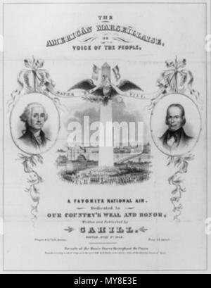 . Titel: Die amerikanische Marseillaise, oder die Stimme des Volkes. Zusammenfassung: Eine illustrierte Noten für die Whig Kampagne Song", die amerikanische Marseillaise", komponiert von Benjamin Cahill der Juli 4, 1844, Boston Ton Rallye zu markieren. In Übereinstimmung mit Titel und anlässlich der Stück der Künstler die Erinnerung an die Revolution erinnert, und zieht eine Parallele zwischen George Washington und Whig Präsidentschaftskandidaten Henry Clay. Ovales Medaillon Porträts von Washington (links) und Ton (rechts) werden durch Bänder mit Kränzen oder Leaf Cluster eingerichtet, ausgesetzt. Von jedem ovalen Hängen die Reben eines Weinstocks. Th Stockfoto