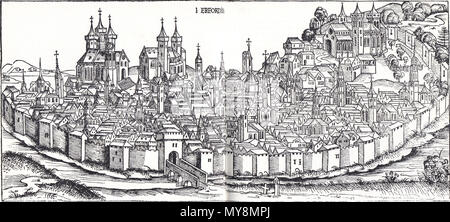. Englisch: Erfurt. Holzstich von Hartmann Schedel's Buch der Chroniken und Geschichten 1493. 1493. Unbekannt 476 Schedel Erfurt Stockfoto