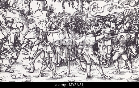 . Englisch: revoltierenden Bauern mit der bundschuh Flagge umschließt einen Ritter. Abbildung aus einem 1539 Buch. 1539. Unbekannt 453 aufständischen Bauern Stockfoto