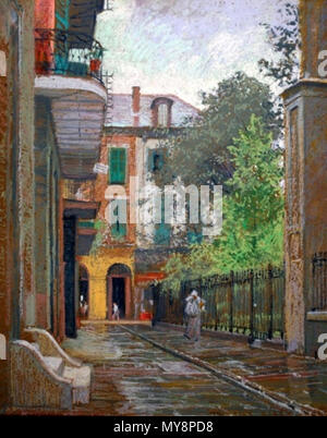 . Deutsch: "Orleans Alley". 1907 Gemälde von William Woodward, Szene im französischen Viertel von New Orleans. Öl auf Papier; 23 1/8 x 29 1/8 in Sicht ist von hinten und Uptown der Kathedrale in Richtung Royal Street suchen, was dann offiziell als "Orleans Alley" bekannt, der kurzen Straße ist seit dem offiziell nach einem lange beliebte Nickname "Piraten" Gasse' umbenannt. . 1907 565 William Woodward Orleans Alley New Orleans 1907 Stockfoto