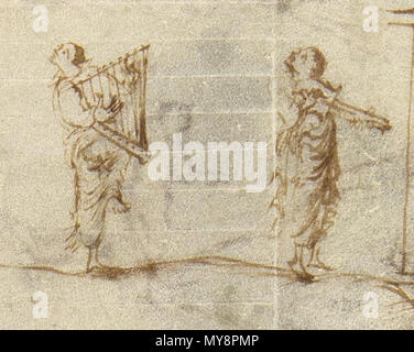 . Englisch: Clipping von Utrecht Psalter, zeigt eine 2 Männer mit einem cythara (rechts) und Harfe oder Psalter. Die Darstellungen des cytharas im Utrecht-psalter haben als Beweis in der Encyclopaedia Britannica 1911, dass die Gitarre von Änderung der Kithara - Leier entwickelt wurde. 1. Januar 850. Unbekannt 543 Utrechts-Psalter Psalm-80 Kithara und Harfe Stockfoto