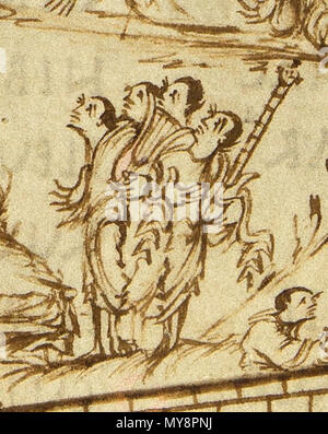 . Englisch: Clipping von Utrecht Psalter, das einen Mann zeigt, die eine cythara (rechts), mit einer Lyra oder kithara. Die Darstellungen des cytharas im Utrecht-psalter haben als Beweis in der Encyclopaedia Britannica 1911, dass die Gitarre von Änderung der Kithara - Leier entwickelt wurde. 1. Januar 850. Unbekannt 543 Utrechts-Psalter Psalm-145-PS-146 Leier und cythara Stockfoto