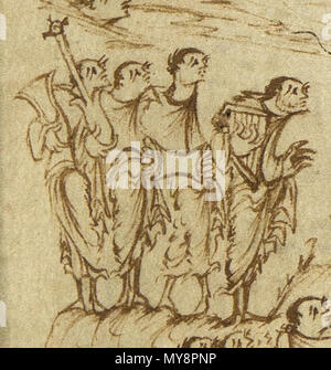 . Englisch: Clipping von Utrecht Psalter, das einen Mann zeigt, die eine cythara (links), mit einer Pauke (genannt, die im Text) oder Drum. Die Darstellungen des cytharas im Utrecht-psalter haben als Beweis in der Encyclopaedia Britannica 1911, dass die Gitarre von Änderung der Kithara - Leier entwickelt wurde. 1. Januar 850. Unbekannt 543 Utrechts-Psalter Psalm-149-PS-150 psalterio cythara Trommel Pauke Stockfoto