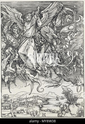 3 12. Albrecht Dürer, Apokalypsa, X. Sv. Michael bojující s drakem, Národní galerie v Praze Stockfoto