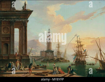 . Einen mediterranen Hafen mit eleganten Figuren im Orientalischen kostüm und Fischern am Ufer, einem niederländischen Man-o-war über 18A Mediterranean Port mit eleganten Figuren im Orientalischen kostüm und Fischern am Ufer, einem niederländischen Man-o-war darüber hinaus Stockfoto