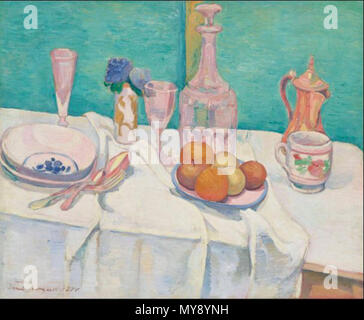 . Français: Nature morte aux Karaffe, Verres, Früchte, Pot d'Etain sur une Nappe. 1888 383 Nature morte aux Karaffe, Verres, Früchte gemalt, Pot d'Etain sur une Nappe Stockfoto