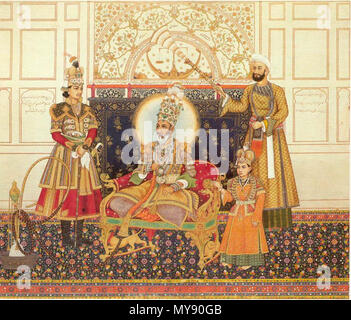 . Der Kaiser Bahadur Shah II. Inthronisiert Indien. Ghulam Ali Khan (active C. 1820 - C. 1840) Der Kaiser Bahadur Shah II. Inthronisiert Indien, Delhi, Mughal, 1838 datiert (A.H. 1254) Opak Aquarell und Gold auf dem Papier der letzten Mughal Kaiser, Bahadur Shah II., mit zwei Söhne; der Thronfolger, Fakhrud-din Mirza zu seiner Rechten und Mirza Farkhanda. Mughal, North India, Delhi, vom im Monat Rabi I, A.H. 1254 (Mai-Juni 1838): 32 x 38 cm. Private Sammlung. Auf dieser letzten imperial Mughal portrait eingeschrieben sind einige seiner honorifics: "Der Schatten Gottes", "Erhabenen König der Könige', 'Zuflucht der Islam, "eine Stockfoto