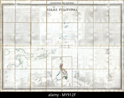 . Islas Filipinas, Posesiones de Ozeanien. Englisch: Diese wunderschöne 1852 Handcolorierte fall Karte der Philippinen wurde von Dr. Morata und Francisco Coello von Madrid ausgestellt. In 32 Mäheinheiten auf Leinen befestigt. Deckt die philippinischen Inseln und die Gesamtheit der spanischen Besitzungen in Ozeanien. Vielleicht das beste und detaillierteste Karte aus dem 19. Jahrhundert von den Philippinen überhaupt veröffentlicht. Kommt mit original Bettwäsche Slip Case, und legen Sie eine Beschriftung für Publisher. Hinweis: Diese Karte wurde Teil der drei Karte Problem für die Gesamtheit der Philippinen. . 1852 6 1852 Coello - Morata Fall Karte der Philippinen Nr. 3 Stockfoto