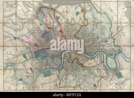 . Davies Neue Karte der britischen Metropole, die Grenzen der Bezirke, County Court Bezirke, Eisenbahnen, und Moderne Verbesserungen. Englisch: eine seltene, außergewöhnliche und wunderschön graviert 1852 Fall Karte oder Pocket Plan von London, England, durch B. R. Davies. Deckt das Zentrum von London von Chiswick osten Bugsby's erreichen und die Victoria Docks, erstreckt sich im Norden so weit wie Stamford Hill, und Süd so weit wie Nunhead Friedhof. Davies zunächst diese Karte im Jahr 1848 und es regelmäßig auch in den 1870er Jahren aktualisiert. In der Zeit zwischen 1830 und 1865 London, erlebten eine außerordentliche Zeit der expansio Stockfoto