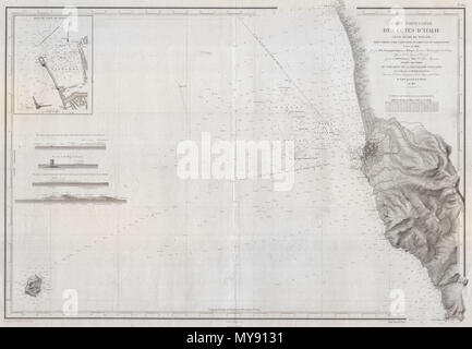 . Carte Particuliere des Cotes d'Italie Grand Duche de Toscane nebenklägerin umfassen entre l'Embouchure de L'Arno et le Cap Castiglioncello. Englisch: eine schöne Französische nautische Karte oder Karte 1852 herausgegeben vom Depot de la Marine. Deckt die toskanische Küste von der Mündung des Flusses Arno (Embouchure de L'Arno) zum Kap Castiglioncello (nördlich von Pisa) mit einem Fokus auf Livorno (Livourne oder Livorno). Prächtige Detail sowohl im Landesinneren auf See. Angebote Gräfin Tiefenangaben sowie Hinweise auf undersea Features wie Banken und Untiefen. Ebenso beeindruckend Detail im Binnenland mit wunderschön engrav Stockfoto