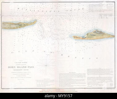 . H Nr. 2 der US-Küstenwache Horn Island Pass Mississippi Ton. Englisch: eine seltene Hand gefärbt 1853 costal Plan der Horn Island. Horn Island Pass ist der Eingang zum Mississippi Ton und die pascagoula Fluss aus dem Golf von Mexiko von dannen. Zeigt Horn Island und den westlichen Teil des Petit Bois Insel. Tabelle verfügt über zahlreiche Tiefenangaben und detaillierte Segelanweisungen. Die Triangulierung wurde von F. H. Gerdes und die Topographie von W.e. erreicht Greenwell. Beide Männer produziert dieses Diagramm unter dem Kommando von B.F. Sands. Unter der Aufsicht von A. D. Bache für das Jahr 1853 veröffentlicht. Stockfoto