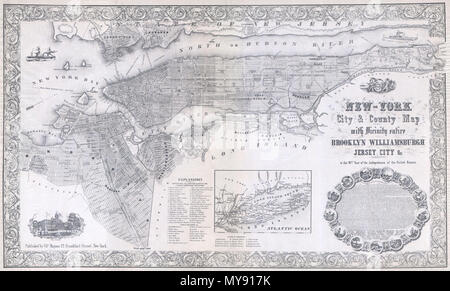 . New York City and County Karte mit Nähe gesamte Brooklyn Williamsburgh Jersey City & c. im 79. Jahr der Unabhängigkeit der Vereinigten Staaten. Englisch: Eine insgesamt außergewöhnliche 1855 Karte von New York City durch map Herausgeber Karl Magnus in Gedenken an die Erklärung der Unabhängigkeit. Zeigt die Gesamtheit von Manhattan, sowie den meisten Brooklyn, Bedford, Williamsburgh, Greenpoint, Queens, Ravenswood, Astoria, Jersey City und Hoboken. Eine Übersichtkarte in der unteren Mitte zeigt, Long Island. Das Ganze ist in außergewöhnlichen Detail mit besonderer Aufmerksamkeit auf Einzelne stre gerendert Stockfoto