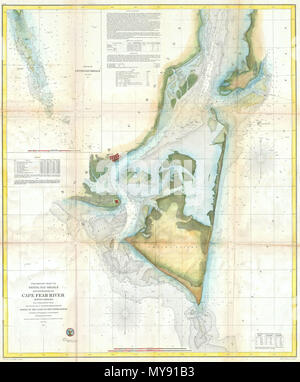 . Vorläufige Diagramm der Pfanne Untiefen und Eingänge zu Cape Fear River North Carolina. Englisch: Eine der größten und markantesten U.S.C.S. Karten von North Carolina Cape Fear. Reicht von Federal Point South an die Spitze von Cape Fear und dann nach Westen Vergangenheit Smithville und Fort Caswell nach Oak Island (ca. 78.04 Längengrad). Oberen rechten Quadranten verfügt über eine detaillierte Einfügung von der Pfanne Untiefen, südlich von der Spitze von Cape Fear erweitern. Bietet eine herrliche Küsten Detail der North Carolina Festland sowie Smith's Island und des Bundes. Von einer nautischen Perspektive die Karte bietet eine Fülle Stockfoto