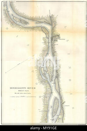 . MIssissippi River um Chester, Illinois. Englisch: Das ist eine schöne Hand gefärbt 1865 United States Rippenbögen Umfrage Karte eines Teils des Mississippi Flusses um, Chester Illinois. Blatt 6 von 6 Blatt eingestellt, die den Mississippi River von Kairo aus Illinois zu St. Mary's Missouri. Die Kurven in den Fluss benannt sind, genauso wie die vielen Fluss Inseln gezeigt. Hinweise Städte, Holz lose, Anlandungen und Bauernhöfe, von denen viele mit der Familie Namen dargestellt. Unter der Aufsicht von A. D. Bache 1865 produziert. Professionell rebacked und wunderschön gefärbt. . 1865 8 1865 U.S.C.S. Karte von Th Stockfoto