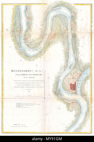 . Mississippi River von Kairo aus Illinois zu St. Mary's Missouri im VI. Aufklärung für die Nutzung des Mississippi Geschwader unter dem Kommando von Konteradmiral Handeln S. L.E.E, U.S.N. Der Teil der E.H. Gerdes, Assistant; zugewiesen von A.D. Bache, Supdt. United States Coast Survey. Englisch: Dieses ist ein wunderschönes 1865 United States Rippenbögen Umfrage Karte einer gewundenen Teil des Mississippi River rund um Kairo, Illinois in der Nähe der Abzweigung der Ohio River. Blatt eine von sechs Blatt eingestellt, die den Mississippi River von Kairo aus Illinois zu St. Mary's Missouri. Die Biegungen im Rive Stockfoto