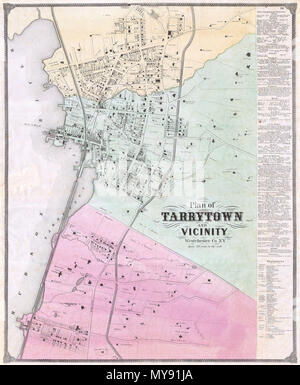 . Plan von Tarrytown und Umgebung Westchester Co NEW YORK Englisch: Dies ist eine außergewöhnliche und seltene großformatige F. Biere Karte von Tarrytown, New York. Karte ist eine Handkolorierte lithografischen Gravur dating 1868. Tarrytown ist eine bedeutende Stadt am Hudson River und die Lage der wichtigsten Tappan Zee Bridge. Es ist auch die Einstellung für die wundervollen 19 kurze Geschichte, "Die Legende von Sleepy Hollow". Diese Karte zeigt den Bereich, in außergewöhnlichen Detail und enthält die Namen der einzelnen Haushalte und Grundeigentümer - sogar die Form ihrer Häuser! Mit der rechten Seite der Karte verfügt über ein Regional d Stockfoto