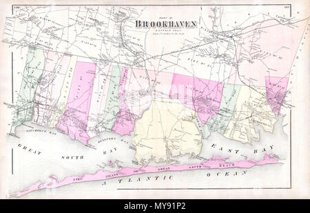 . Teil von Brookhaven, l.i. Sufffolk Co. Englisch: ein knappes Beispiel von Friedrich W. Beers Karte des südlichen Teils von Brookhaven, Long Island, New York. Im Jahr 1873 veröffentlichte, dieses herrliche Karte deckt Great South Bay und East Bay und entlang der Küste von Blue Point und Patchogue Bay ostwärts Vergangenheit Bellport, Smith, Moriches zu Faro. Abdeckungen Fire Island aus Watch Hill zum Swan Island, in dem die Häuser von John Smith, H.F. Osborne Gunning, G. Terry und S. Steuerparadiese. Landeinwärts erstreckt sich im Norden bis Middle Island, Coram Hill, Manorville und Calverton. Stellt die vorgeschlagene Route der Südseite Stockfoto