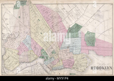 . Die Stadt Brooklyn. Englisch: ein seltenes Beispiel von Friedrich W. Beers Karte Brooklyn, New York. Im Jahr 1873 veröffentlichte, diese Karte zeigt Brooklyn, Greenpoint und Williamsburgh. Funktionen Detail auf der Straße zeigen einzelne Gebäude, Parks und Straßennamen. Bietet außergewöhnliche Detail in Prospect Park und Greenwood Cemetery, Bereiche, in der Regel von älteren Karten der Stadt vernachlässigt. Von Bieren, Comstock & Cline aus ihrem Büro an 36 Vesey Street, New York City, vorbereitet für die Aufnahme in die Erste veröffentlichte Atlas von Long Island, die 1873 Ausgabe des Atlas von Long Island, New York. . 1873 (undatiert) Stockfoto