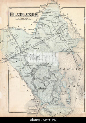. Flatlands, Kings Co L.I. Englisch: ein knappes Beispiel der Karte teile Fredrick W. Beers der Region Flachland, Brooklyn, New York City. Im Jahr 1873 veröffentlicht. Umfasst die Gemeinden von Flachland, im Süden Greenfield, Canarsie und Jamaica Bay. Detaillierte auf der Ebene der einzelnen Grundstücke und Gebäude mit Grundeigentümer festgestellt. Dies ist wahrscheinlich der beste Atlas Karte diese Brooklyn Gemeinschaften im 19. Jahrhundert zu erscheinen. Von Bieren, Comstock & Cline aus ihrem Büro an 36 Vesey Street, New York City, vorbereitet für die Aufnahme in die Erste veröffentlichte Atlas von Long Island, die 1873 Ausgabe des Atlas der Stockfoto