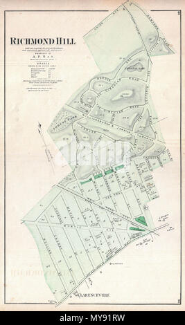 . Richmond Hill. Ausdrücklich für Private Residences gelegt, und gegen alle Beeinträchtigungen eingeschränkt. Eigentum der A. S. Menschen. Englisch: ein knappes Beispiel von Friedrich W. Beers Karte der Stadt Richmond, Queens, New York. Im Jahr 1873 veröffentlicht. Erstreckt sich in etwa von Clarenceville Norden zu Newtown Road. Detaillierte auf die Ebene einzelner Gebäude und Liegenschaften mit Grundeigentümer festgestellt. Richmond Hill war die Vision Albon S. Mann, ein erfolgreicher Banker, die lefferts und Welling Betriebe in 1868 gekauft. Albon vorgestellt Eine elegante geplante Gemeinschaft und dem Architekten und Landschaftsarchitekten Edward Richmond zu Stockfoto