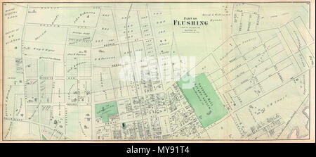 . Teil der Spülung. Stadt Flushing, Queens Co. Englisch: ein knappes Beispiel der Karte teile Fredrick W. Beers von Queens, New York City. Im Jahr 1873 veröffentlicht. Nach Osten ausgerichtet. Etwa deckt Boerum Avenue, Brewster Avenue, Parsons Avenue, Sanford Avenue, Jamaica Avenue, Irland Avenue, Shaftsbury Avenue, Tennyson Avenue und Longfellow Avenue. Nimmt die Parsons Baumschule und das Sanford Halle Private Asyl. Detaillierte auf der Ebene der einzelnen Grundstücke und Gebäude mit Grundeigentümer festgestellt. Dies ist wahrscheinlich der beste Atlas Karte von diesem Teil von Queens, New York, im 19. Jahrhundert zu erscheinen. Vorbereiten Stockfoto
