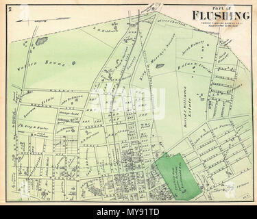 . Teil der Spülung. Stadt Flushing, Queens Co. Englisch: ein knappes Beispiel der Karte teile Fredrick W. Beers Flushing, Queens, New York City. Im Jahr 1873 veröffentlicht. Nach Osten ausgerichtet. Etwa Abdeckungen von Bayside Avenue South zu Walnuß-Allee. Umfasst Sanford Hall, den privaten Asyl. Detaillierte auf der Ebene der einzelnen Grundstücke und Gebäude mit Grundeigentümer festgestellt. Dies ist wahrscheinlich der beste Atlas Karte von diesem Teil von Queens, New York, im 19. Jahrhundert zu erscheinen. Von Bieren, Comstock & Cline aus ihrem Büro an 36 Vesey Street, New York City, vorbereitet für die Aufnahme in den ersten Veröffentlichen Stockfoto