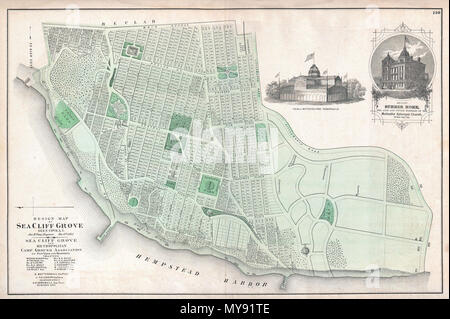 . Design Karte von Sea Cliff Grove, Glen Cove, L.I. Englisch: ein knappes Beispiel von Friedrich W. Beers Karte der Sea Cliff Grove, Long Island, New York. Im Jahr 1873 veröffentlicht. Sea Cliff Grove, benannt nach der Täuschung, auf dem er sich befindet, wurde im späten 19. Jahrhundert als religiösen Exerzitien für Methodisten aus New York City gegründet. Die Methodisten geplant, die Stadt und hat eine riesige Wohnung und ein Haus für die Alten und Kranken, die beide als gravierte Postkarten auf dieser Karte dargestellt. Dies ist wahrscheinlich der beste Atlas Karte von Sea Cliff Grove, Long Island, im 19. Jahrhundert zu erscheinen. Erstellt von Stockfoto