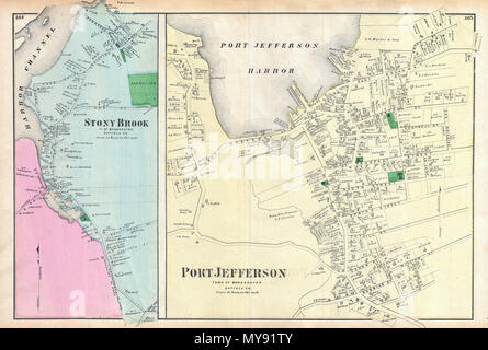 . Port Jefferson, Stadt von Brookhaven, Suffolk Co - Stony Brook, Stadt von Brookhaven, Suffolk, Co. Englisch: ein knappes Beispiel von Friedrich W. Beers Karte von Port Jefferson und Stony Brook, Long Island, New York. Im Jahr 1873 veröffentlicht. Zwei Karten einem Blatt. Linke Hand Karten zeigt die Stadt von Stony Brook vom Hafen Kanal in den Oak Hill Friedhof. Dieses Gebiet ist die Heimat von Stony Brook College. Links hadn Seite der Karte zeigt die Stadt Port Jefferson. Detaillierte auf die Ebene einzelner Gebäude und Liegenschaften mit Land-halter festgestellt. Dies ist wahrscheinlich der beste Atlas Karte von Stony Brook und Port Stockfoto