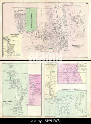 . Woodhaven, Stadt von Jamaica, Queens Co - Freeport, Stadt Hempstead, Queens Co - Inglewood oder Königinnen, Stadt Hempstead, Queens Co. Englisch: ein knappes Beispiel von Friedrich W. Beers Karte der Stadt Woodhaven, Queens, New York City. Im Jahr 1873 veröffentlicht. Abdeckungen von Unionville Vergangenheit der Union Rennstrecke entlang der Atlantic Avenue zu Grand Street. Reicht bis weit südlich von Liberty Avenue und als weit nördlich als die Jamaika Plank Road. Unteren linken Quadranten verfügt über einen kleinen Plan der Süden Woodhaven. Verso verfügt über Stadt plant von Freeport, Greenwich, Springfield Store, Willow Tree Station und Inglewood. Stockfoto