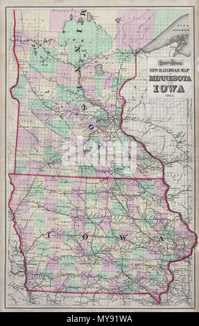 . Gray's Atlas neue Eisenbahn Karte von Minnesota und Iowa 1873. Englisch: Hierbei handelt es sich um die Grau gelegentlich Eisenbahn Karte von Minnesota und Iowa, datiert 1873. Deckt den Bereich ausführlich mit besonderem Augenmerk auf die Eisenbahnlinien, die schnell gebaut wurden, wird diese Entwicklung von Region zu beherbergen. Unterteilt und Farbe nach Grafschaften codiert. Urheberrechtlich geschützt," laut Gesetz des Kongresses im Jahr 1873 von G.w. und C.B. Colton und Co. im Büro der Bibliothekar des Kongresses in Washington. . 1873 (veraltet) 8 1873 Grau Eisenbahn Karte von Minnesota und Iowa - Geographicus - MNIA-Grau-1873 Stockfoto