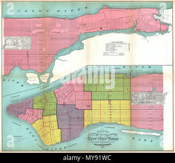 . Karte der Grenzen der Feuerwehr der Stadt New York, die unter der Leitung der Feuerwehr Comissioners. Englisch: Das ist große Karte 1871 Karte von Feuerwehren von New York City. Für alle von Manhattan, diese Karte definiert, welche Brand Bataillonen und Brigaden sind für jeden Bereich. Wenn Hardy diese Karte ausgestellt waren aber neun Feuer Bataillone in Manhattan. Die Standorte der Feuerwehren, Motor Häuser, Haken & Leiter Häuser, Werkstätten, Treibstofflager, Krankenhäuser, und Glockentürme sind alle fest. Zusätzlich zu Informationen der Kommission, diese Karte zeigt auch die vorgeschlagenen (a Stockfoto