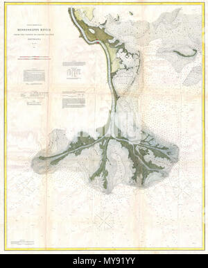 . Küste Chart Nr. 94. Mississippi River aus der Pässe zu Grand Prairie, Louisiana. Englisch: 1874 Karte von Ende des Mississippi River Delta, Plaquemines Parish, Louisiana. Der Höhepunkt von fast 15 Jahren der intensiven Befragung arbeiten, ist dies 1874 Seekarte ist wahrscheinlich die attraktivste und dramatische Karte des Mississippi Delta von der US-Küstenwache zu entstehen. Aufgrund der schnellen und dramatischen Veränderungen im Delta Gebiet aufgrund von plötzlichen Stürme und Hurrikane, Dokumentation der Mississippi Delta war einer der gewaltigsten Aufgaben der US-Küstenwache. Details im Verlauf des Mississippi Riv Stockfoto