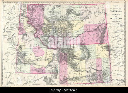 . County und Township Map Montana Idaho und Wyoming. Englisch: Dies ist der seltene 1884 Bradley/Mitchell Karte von Montana, Idaho und Wyoming. Deckt die Gebiete von Montana, Wyoming und Idaho ausführlich mit Farbkennzeichnung nach Landkreisen. Zeigt American Indian Lands, geologische Formationen, Festungen, Städte, zu pflegen und den Fluss. Auch die Fortschritte der US-amerikanischen Landvermessung in dieser Region in Form von Rastern in den befragten Teile jedes Gebiet. Beinhaltet der Yellowstone National Park, der 1871 erstellt wurde. Von William M. Bradley für die Aufnahme als Plat veröffentlicht. Stockfoto