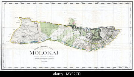 . Hawaiische Regierung Übersicht. Molokai. Englisch: Diese seltene und außergewöhnliche 1897 Karte der Insel Molokai, in der hawaiianischen Gruppe, wurde für das Jahr 1906 Bericht des Gouverneurs des Gebietes von Hawaii zu den Staatssekretär des Innern vorbereitet. Obwohl die kartographische Arbeiten, dass diese Karte hergestellt wurde 1878 begonnen, während der hawaiischen Monarchie, die Karte selbst, und der Bericht, den es enthielt, wurde erteilt, der Annexion der US-Regierung 1898 der hawaiischen Republik. Der Bericht war ein Versuch zu bewerten und die neu geschaffenen Möglichkeiten der hawaiischen Gebiet prüfen, für die ordnungsgemäße Administr Stockfoto