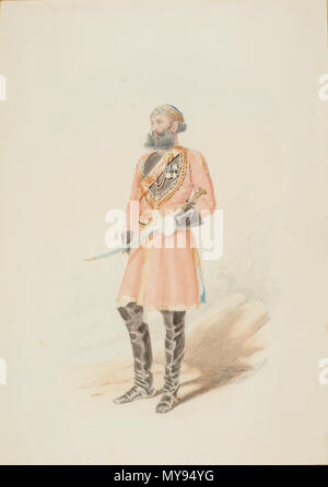 . Englisch: ein Aquarell und Bleistift Portrait einer jemadar (ein natives subaltern Officer). Er trägt einen langen Mantel bekannt als ein alkaluk, der Sutlej Kampagne Medaille, für die 1 Sikh Krieg von 1845-46, und einer der beiden Sterne für die Gwalior Kampagne im Jahr 1843 gegeben. Unten rechts: C.Grant/auf dem Irrawaddy/Octr 1855 460 von 345 mm unterzeichnet; 18 von 13 cm. 1855. Colesworthey Grant (1813-1880) Alternative Namen Colesworthy Grant Beschreibung englischer Künstler, Schriftsteller und Aktivist für die Rechte der Tiere Datum der Geburt / Tod 25. Oktober 1813 31. Mai 1880 Kontrolle: Q 30102235 VIAF: 34634077 LCC Stockfoto