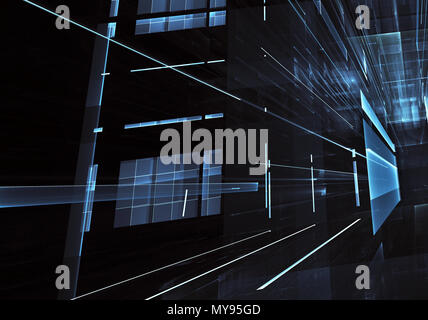 Abstrakte Zukunft Technologie Hintergrund - computergenerierte 3D-Bild. Fraktal Kunst: Glas Zimmer oder die Straße von surreal Stadt mit Licht Effekte. Hi-tech oder Stockfoto