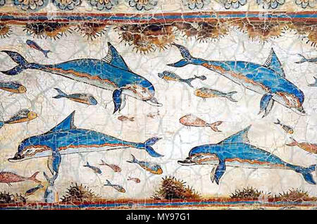 . Fresko von Delphine aus der Bronzezeit die Ausgrabungen von Knossos auf der griechischen Insel Kreta 27 Akrotiri Delphine Stockfoto