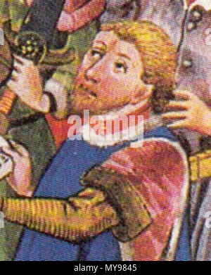 . English: Albrechts von Sachsen-Wittenberg wird 1369 durch Kaiser Karl IV. mit dem Fürstentum Lüneburg belehnt. Ausschnitt einer Darstellung in der Lüneburger Sachsenspiegelhandschrift aus dem Jahr 1442. 13 Oktober 2013, 14:02:39. Peter Veddeler 29 Albrechtvonsachsenwittenberg Stockfoto