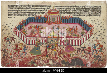 . Englisch: Menge Beschreibung eine Illustration aus der Mahabharata Nepal, C. 1800 Mit der Darstellung der fünf Pandava Brüder Disposition und Feuer zu Ihrem Feind in eine gestreifte Zelt, mit Aasfresser, Geier und Ghouls im Vordergrund, den entsprechenden Text über undurchsichtige Pigmente und Gold auf wasli 7 ¾ x geschrieben 12 ½ in. (19,6 x 31,8 cm.). 1800. Nepal, C. 1800 37 Eine Abbildung aus der Mahabharata 1 - Große Stockfoto